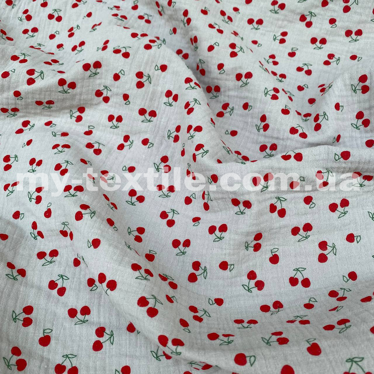 Тканина Муслін жатка принт двосторонній Вишня 1,5 см на сірому, фото 1