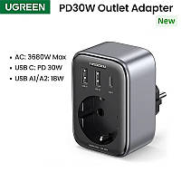 Мережевий зарядний пристрій UGREEN CD314 GaN 30 W для швидкого заряджання USB Fast Charger 2A1C EUR-розетка (90613)
