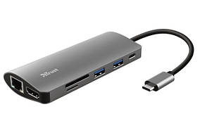 Хаб Trust Dalyx 7-IN-1 USB-С > 2xUSB-А 3.2/USB-С/HDMI/Ehernet/SD/microSD, Алюміній, 0.25м, Сірий Baumar - Порадуй Себе