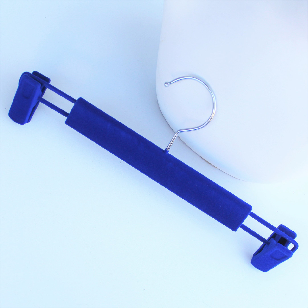 Плічка вішалки тремпелі брючні для спідниць і штанів оксамитові (флоковані) з прищіпками сині, 33 см, фото 1