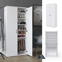 Висока двостулкова шафа для зберігання взуття з 6 полицями та штангою 80 см Взуттєві шафи у передпокій з ДСП