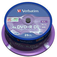 Диск DVD Verbatim 8.5Gb 8x CakeBox 25шт Matt Silver (43757)