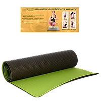 Килимок для йоги та фітнесу двосторонній (йогомат) MS 0613-1 TPE 183-61 см чорний з зеленим 6 мм