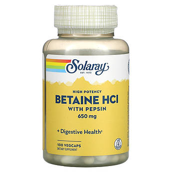 Бетаїн гідрохлорид 650 мг з пепсином Solaray Betaine HCL with Pepsin для секреції шлункового соку 100 капсул