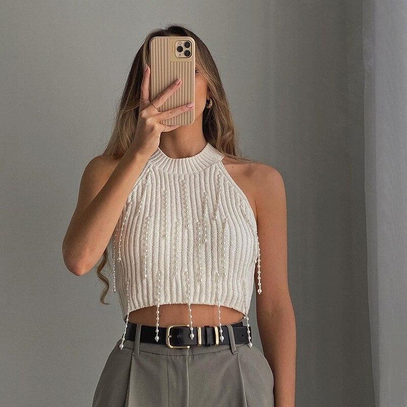 Майка жіноча літня трикотажна з намистинами. Топ у стилі Zara з бахромою з намистин