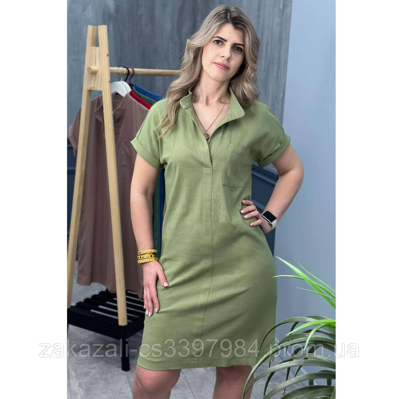 🔸 Жіноче лляне плаття туніка Батал коротке | Стильна Сукня-сорочка 100% льон на літо, 50-52, 54-56, фото 1