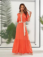 Летнее длинное платье макси в пол со сборкой на талии персиковое. Размеры: 42,44,46