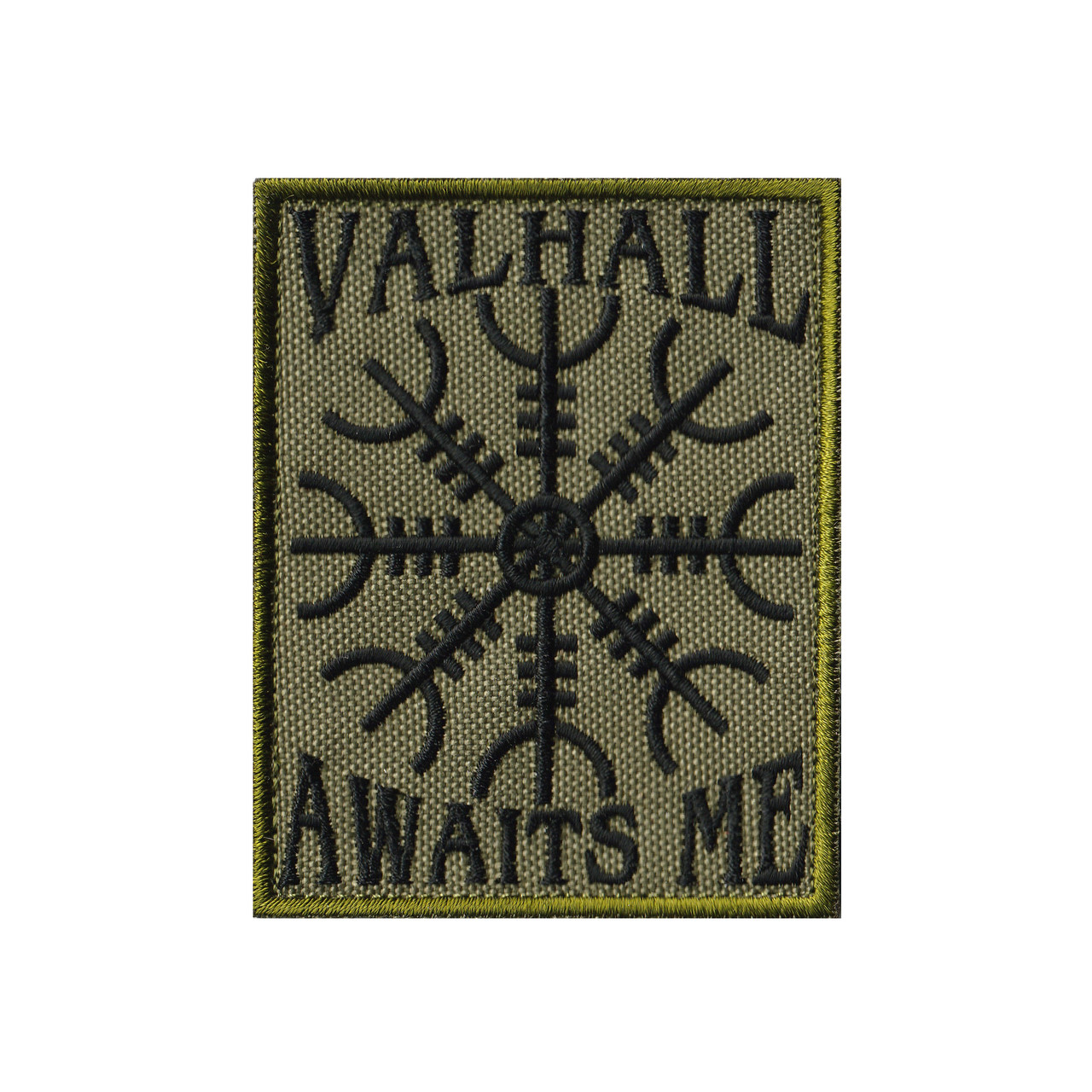 Вишитий шеврон "Valhall Awaits Me / Шолом жаху" на липучці олива чорний