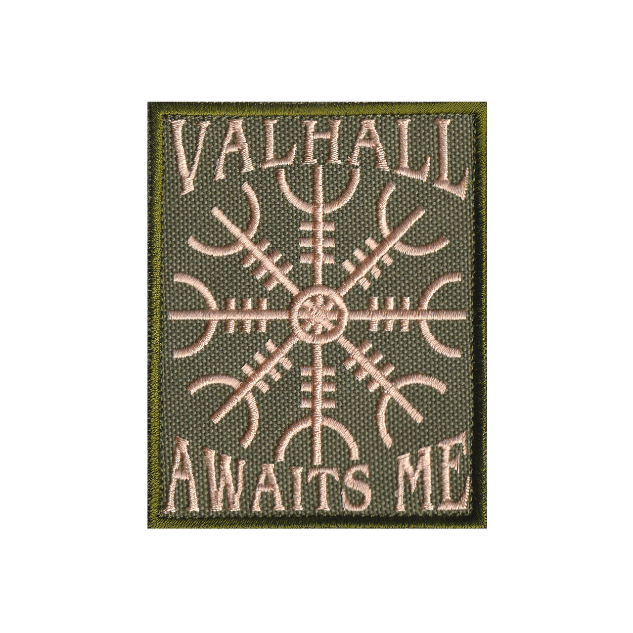 Вишитий шеврон "Valhall Awaits Me / Шолом жаху" на липучці олива бежевий