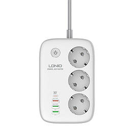 Подовжувач мережевий Ldnio SEW3452, 3USB, Type-C, 3 розетки, QC, Wi-Fi, 2 м, білий