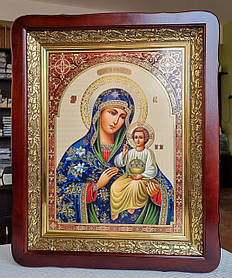 Ікона Богородиця Нев'янучий Цвіт в дерев'яному фігурному кіоті під склом,розмір кіота 53×43, розмір ліка 30×40