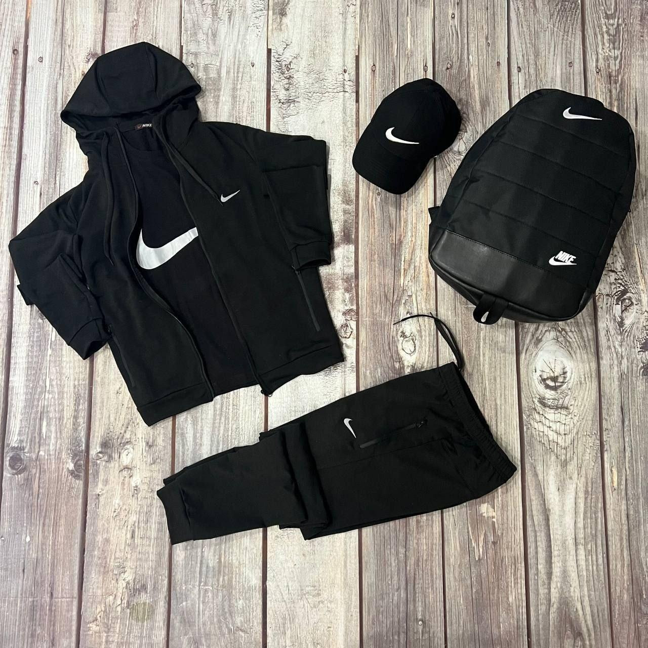 Чоловічий спортивний костюм Nike 4в1 Костюм на змійці Футболка + Рюкзак + Кепка чорний Найк весняний