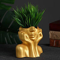 Набір Кашпо обличчя з руками, насіння і грунт для декоративної трави. Кашпо в золотому кольорі