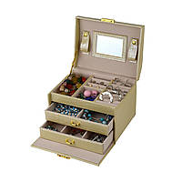 Скринька для прикрас велика, рельєфна екошкіра, багато відділень, з дзеркалом, Бежевий