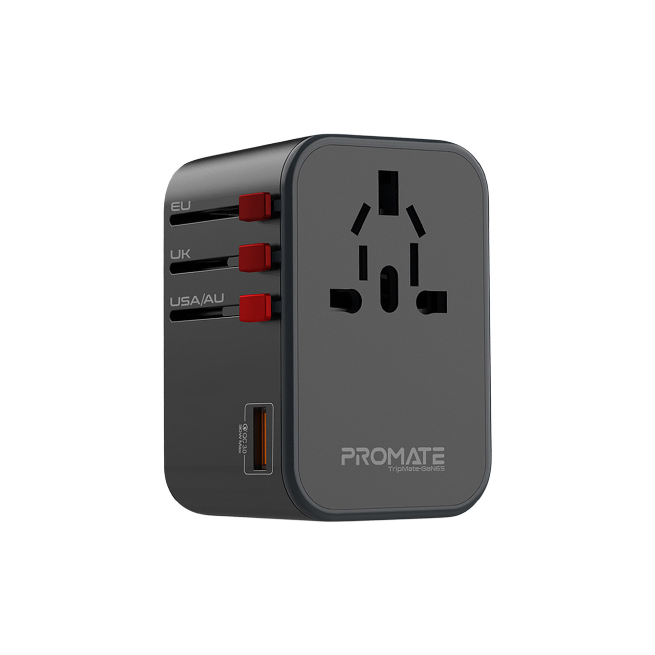 Перехідник мережевий Promate TripMate-GaN65 EU/US/UK/AU на EU/US/UK/AU, 2хUSB-С+USB-A 65W total Black (tripmate-gan65.black)