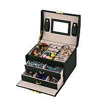 Скринька для прикрас велика, екошкіра, багато відділень, з дзеркалом, Зелений