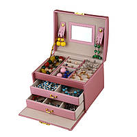 Скринька для прикрас велика, екошкіра, багато відділень, з дзеркалом, Рожевий