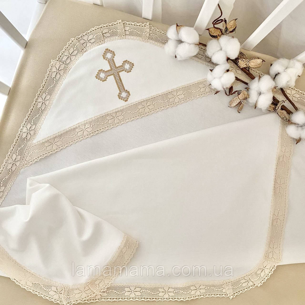 Крижма трикотажна для хрещення "Янгол" Інтерлок Молочний/Золото 75х80 см BetiS, фото 1