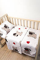 Комплект постельного белья в детскую кроватку с рисунком Мопсики 3 в 1