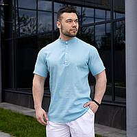 Мужская рубашка льняная приталенная с коротким рукавом летняя Molodist голубая | Рубашка повседневная на лето