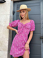 Женское летнее романтичное короткое платье с коротким рукавом цветочный принт (зеленый, розовый) Розовый, 42/44