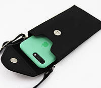 Черный кожаный чехол с наплечным ремнем для телефона/ Футляр для мобильного ручной работы/ Чорный
