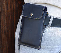 Кожаный мужской чехол для телефона с креплением на ремень/ Синий футляр для телефона