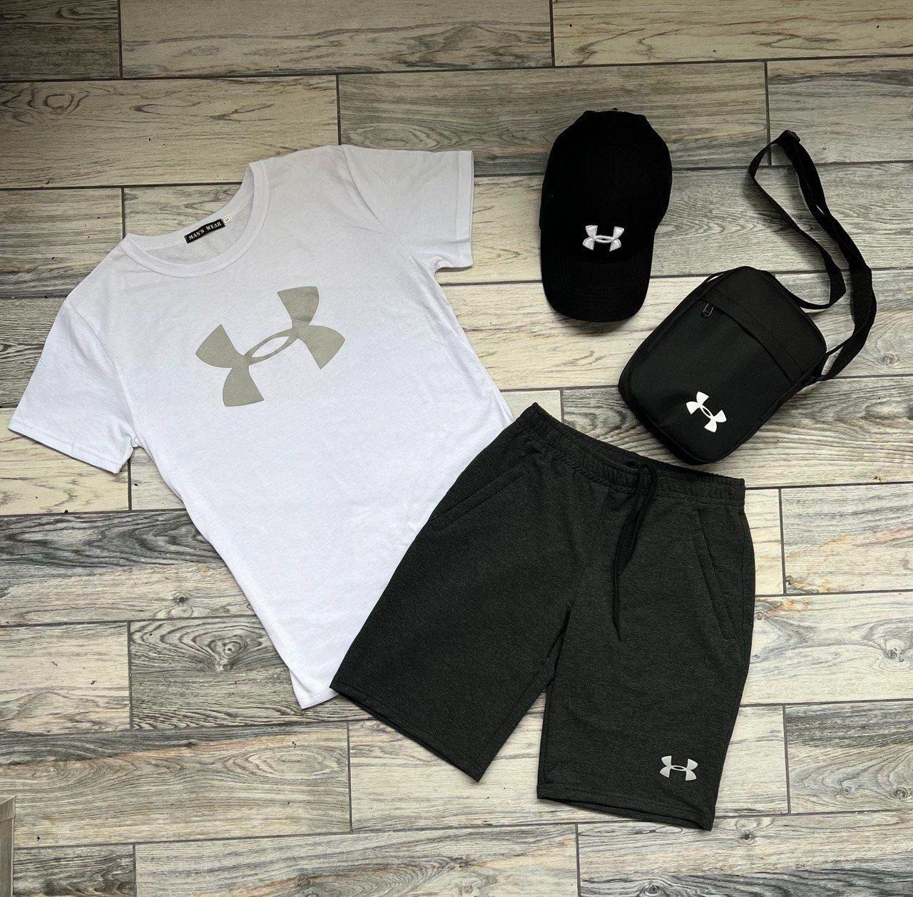 Чоловічий літній костюм Under Armour Футболка + Шорти + Кепка + Месенджер білий із сірим комплектом Андер Армор