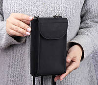 Кожаная сумка кошелек на молнии для телефона, документов, денег/ Черная женская маленькая сумочка через плечо/