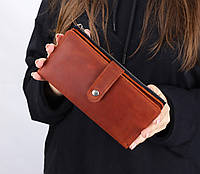 Кожаный кошелек на магните для женщин/ Коричневый клатч бумажник из матовой кожи с гравировкой/ Кошелек