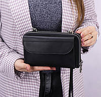 Женская черная сумка клатч через плечо/ Черная кроссбоди сумка из кожи/ Стильная кожаная женская сумочка