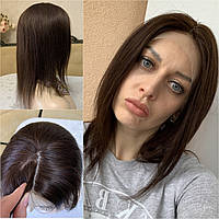 Натуральный каштановый парик по плечи с имитацией кожи головы