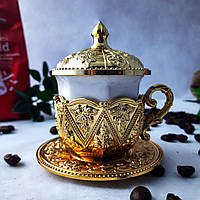 Турецкие Армуды чашка и подстаканник для кофе "Золотой Цветок" Sena