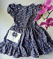 Летнее детское платье  с сумочкой серо - синее с розовыми цветами