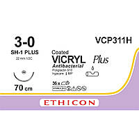 Вікрил Плюс (VICRYL Plus) Антибактеріальний 3-0, кол. плюс 22мм, 1/2 кола, фіолетовий, 70см, 1шт.