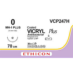 Вікрил Плюс (VICRYL Plus) Антибактеріальний 0, колюча голка 31 мм, 1/2 кола, довжина 70 см, фіолетовий, 1шт.