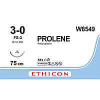 Пролен (Prolene) 3-0 зворотньо-ріжуча 16мм, 3/8кола, блакитний 75 cm, 1шт.