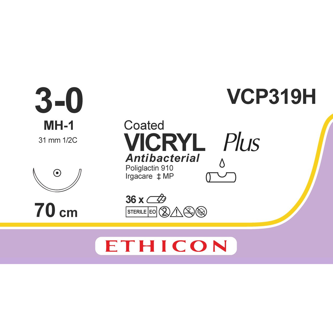 Вікрил Плюс (VICRYL Plus) Антибактеріальний 3-0, кол. плюс 31 мм, 1/2 кола, фіолетовий, 70см, 1шт.