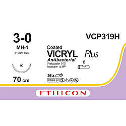 Вікрил Плюс (VICRYL Plus) Антибактеріальний 3-0, кол. плюс 31 мм, 1/2 кола, фіолетовий, 70см, 1шт.