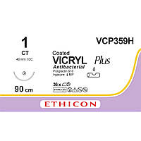 Вікрил Плюс (VICRYL Plus) Антибактеріальний 1, колюча 40мм, 1/2 кола, фіолетовий, 90см, 1шт.