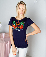 Женская нарядная футболка - вышиванка "Мазурка " , р. S.M.L.ХЛ,2XL,3ХЛ,4ХЛ синяя