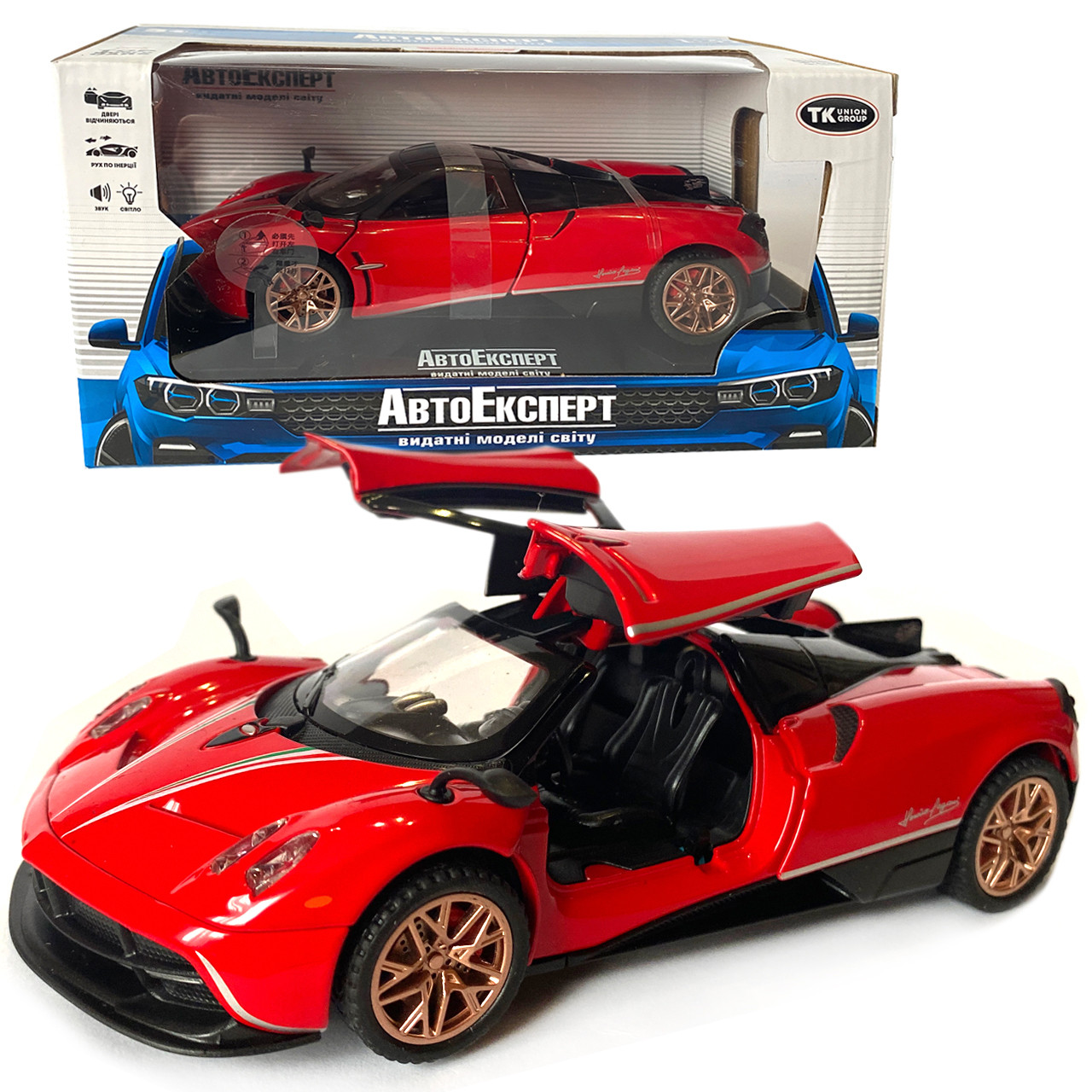 Машинка металева іграшкова Pagani huayra, Авто Експерт, червона, світло, звук, інерція, відкр. двері, 16*4*7см. (67008), фото 1