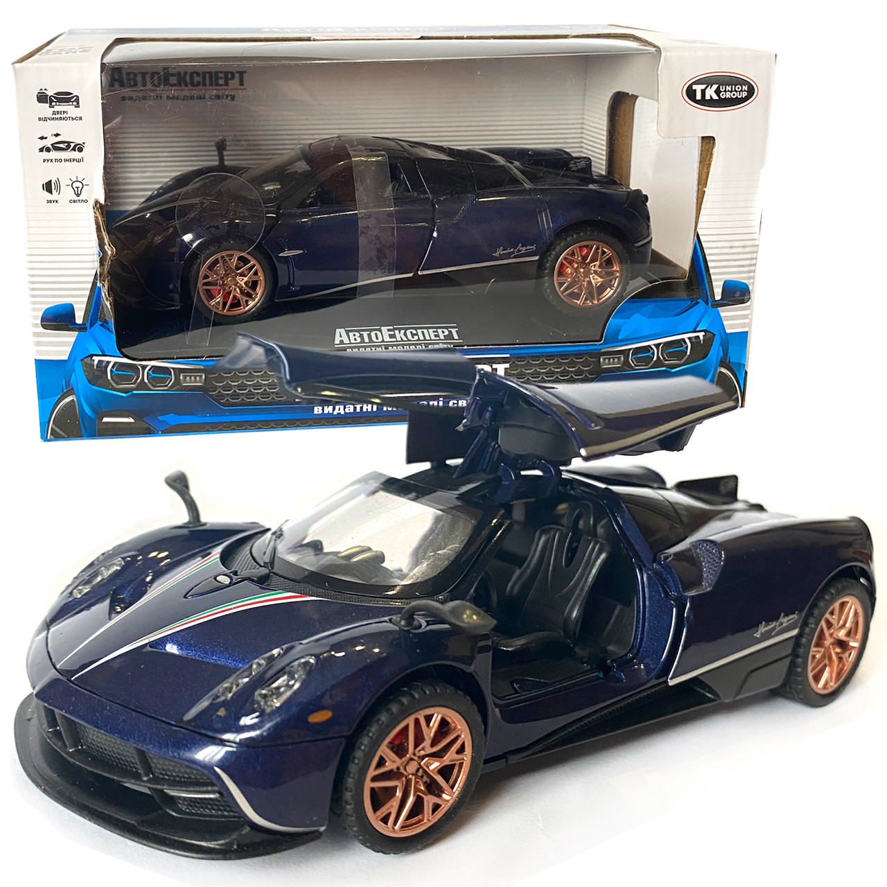 Машинка металева іграшкова Pagani huayra, Авто Експерт, синя, світло, звук, інерція, відкр. двері, 16*4*7см. (67008), фото 1