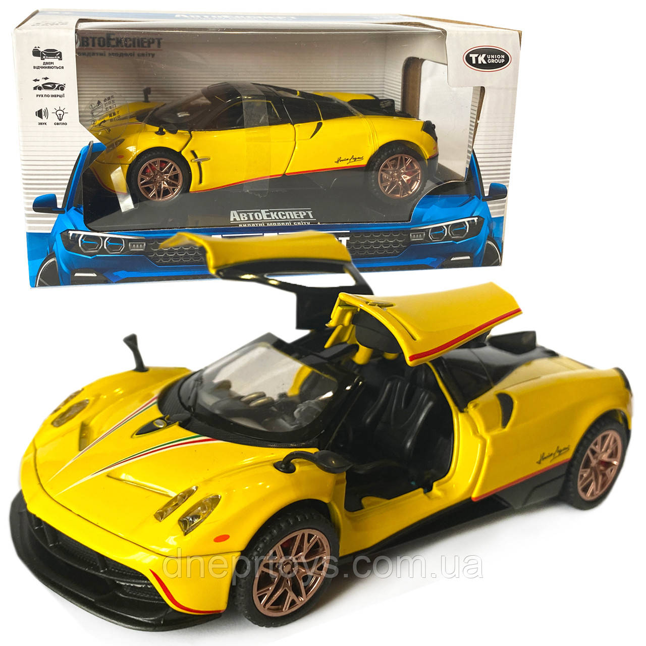 Машинка металева іграшкова Pagani huayra, Авто Експерт, жовта, світло, звук, інерція, відкр. двері, 16*4*7см. (67008), фото 1