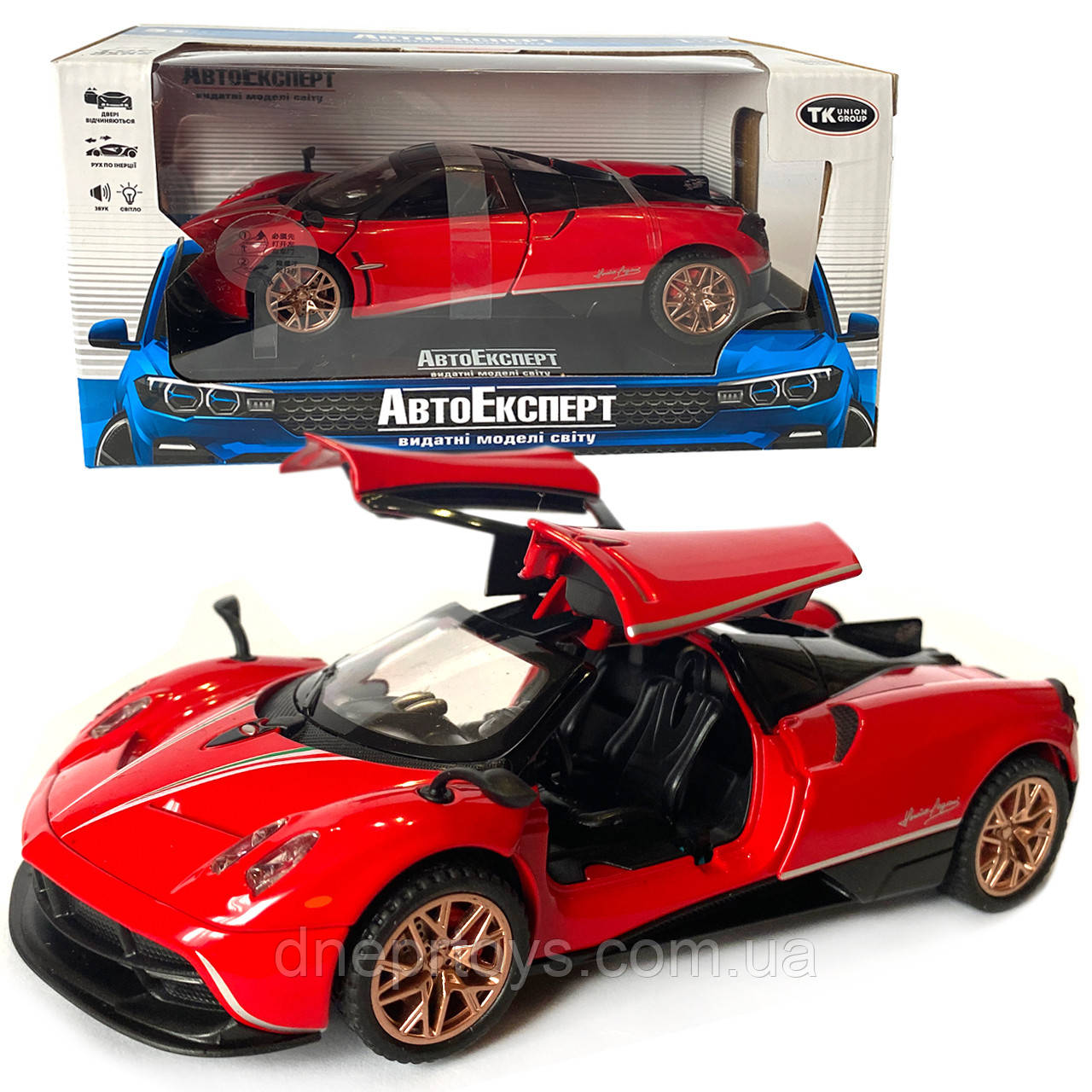 Машинка металева іграшкова Pagani huayra, Авто Експерт, червона, світло, звук, інерція, відкр. двері, 16*4*7см. (67008), фото 1