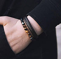 Мужские браслеты из натуральных камней и кожи (комплект), кожаный браслет, каменный браслет