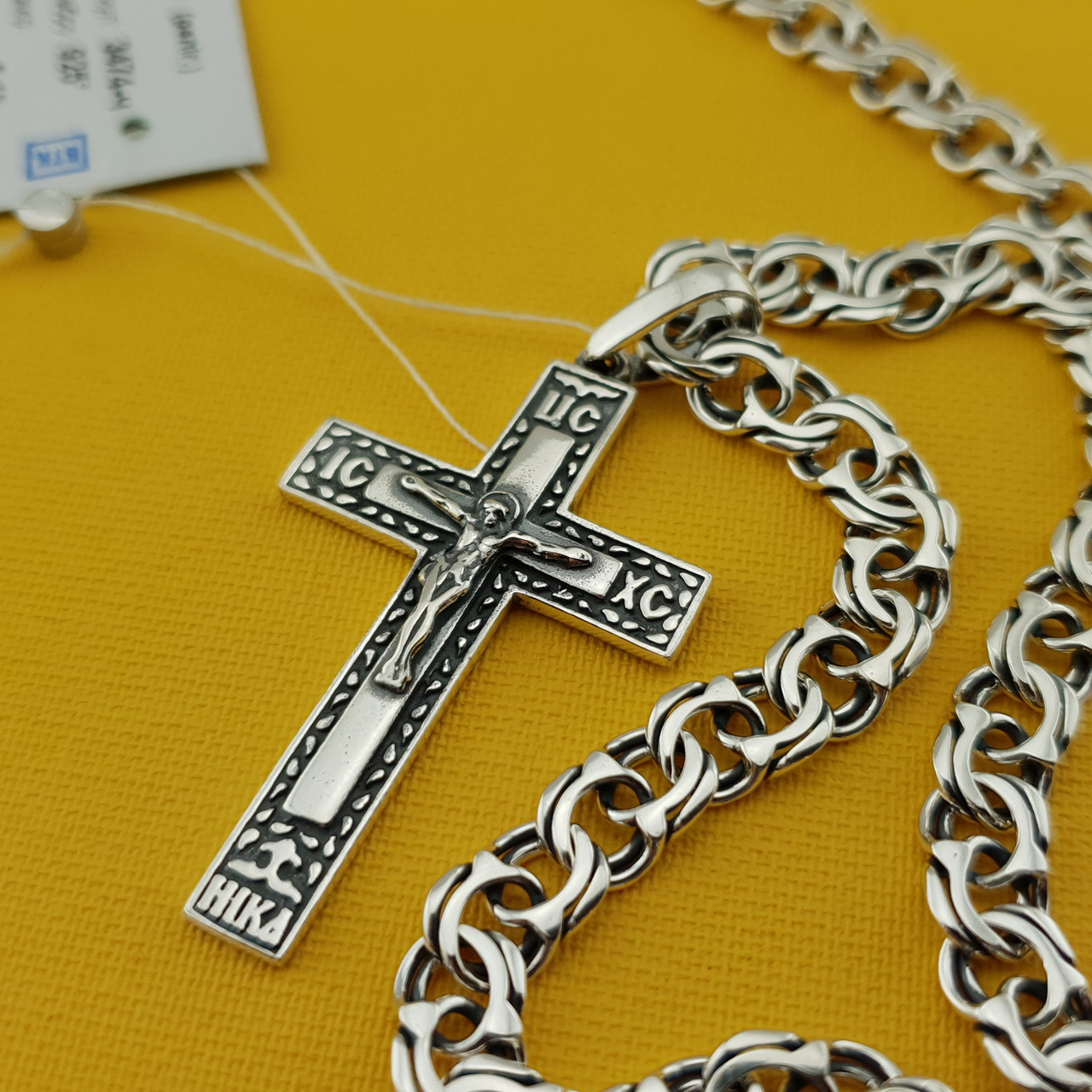 Масивна срібна цепочка з хрестиком чоловіча. Двосторонній кулон-хрест і ланцюжок зі срібла 925 проби 55 см