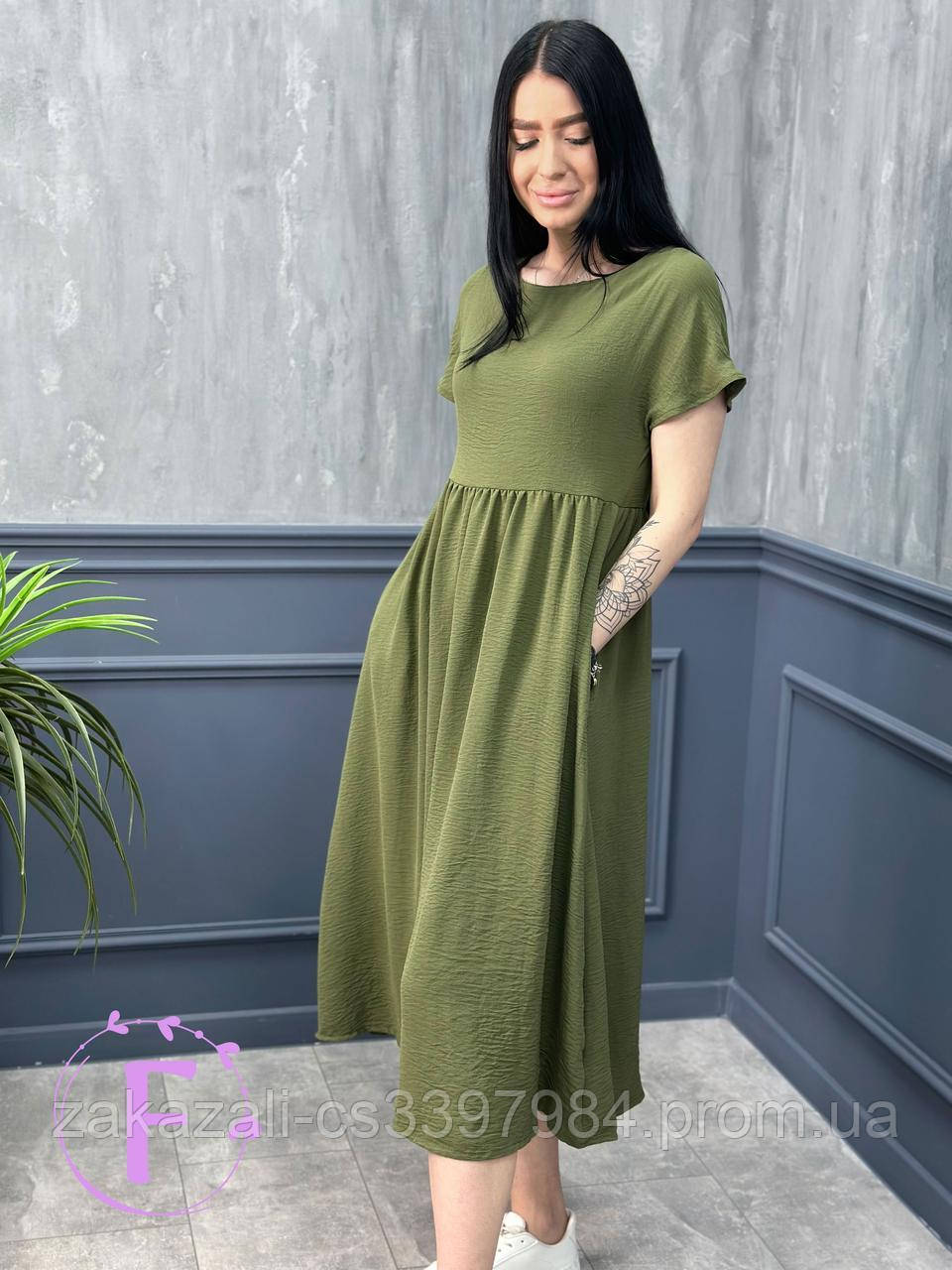 📌 Літня сукня міді, вільного крою, завищена талія, з кишенями, однотонна, креп-жатка | Плаття жіноче oversize | Норма, фото 1