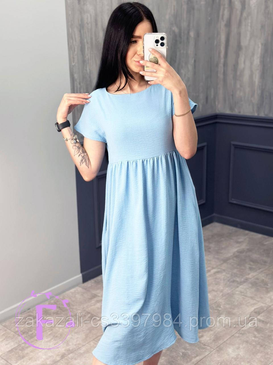 Літня сукня міді, вільного крою, завищена талія, з кишенями, однотонна, креп-жатка, 50-52 | Батал, фото 1