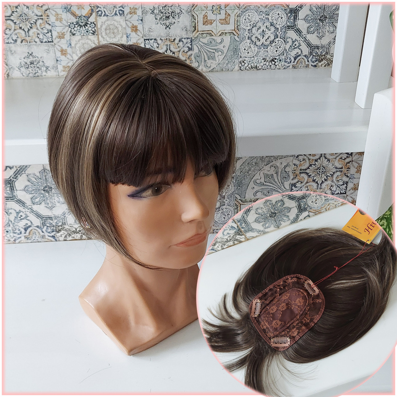 Накладка на маківку з термоволосся з проділом і чубчиком на затискачах темно-русявий мікс TR-FP12-8ТТ124, фото 1